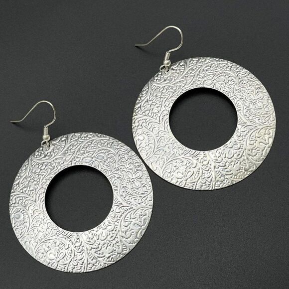 Silver Cut Out Round Floral Embossed Textured Open Hoop Dangling Hook Earrings - Picture 1 of 8